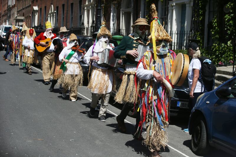 Fingal Mummers performing at the James Joyce centre in Dublin as part of the Bloomsday celebrations. Photograph: Stephen Collins/Collins Photos