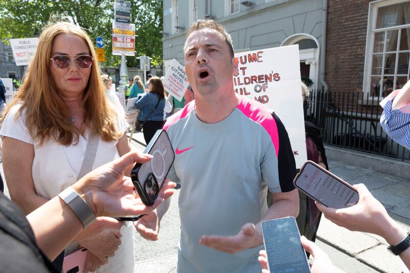 Councillor Gavin Pepper at a protest outside Leinster House against Government plans to buy Citywest Hotel. Photograph: Sam Boal/Collins Photos 