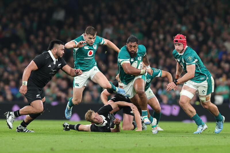 Bundee Aki makes a break during the match against New Zealand at the Aviva Stadium. Photograph: David Rogers/Getty Images