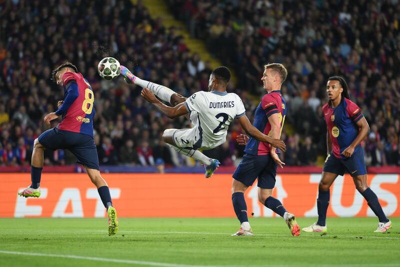 Denzel Dumfries scores Inter's second goal, a spectacular volley. Photograph: David Ramos/Getty Images
