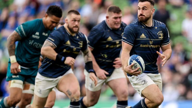 Leinster hooker Rónan Kelleher makes a break followed by his frontrow colleagues Andrew Porter and Tadhg Furlong at the Aviva Stadium. Photograph: James Crombie/Inpho