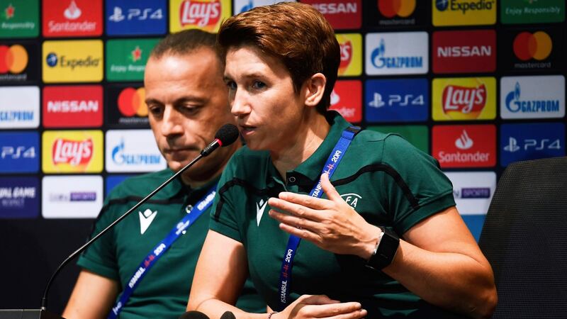 Assistant referee Michelle O’Neill speaks at a press conference in Istanbul. Photo: Uefa