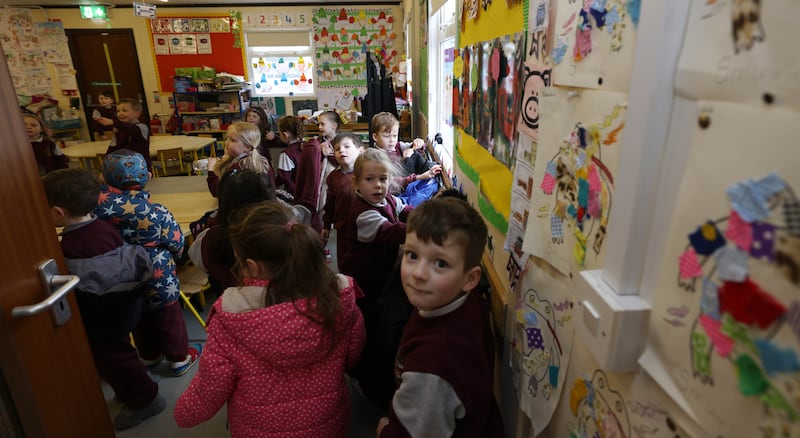 Junior infants from Gaelscoil na Camóige in Clondalkin, Dublin, in what teachers say are cramped conditions. Photograph: Laura Hutton