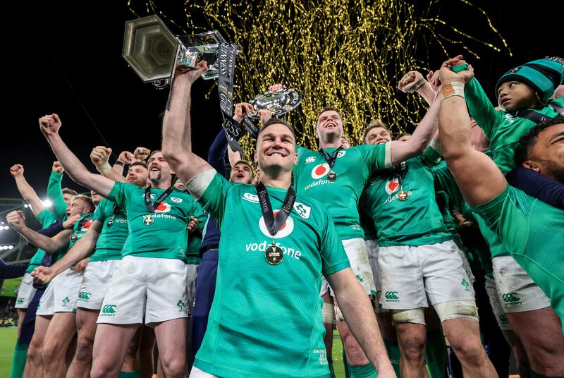 Johnny Sexton lifts the Guinness Six Nations trophy in March 2023. 
Photograph: Dan Sheridan/Inpho