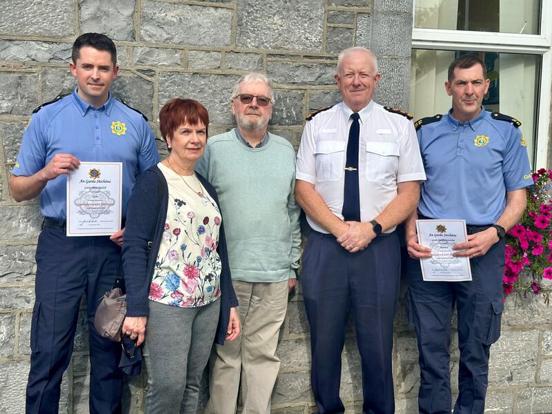 Pictured are (L-R) Garda Shane Riddell, Kathleen and Killian Kenny, Chief Superintendent Gerry Roche and Garda Randal Considine