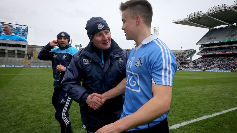 Jim Gavin with Cillian O’Shea after Dublin’s league final win. Photograph: Oisin Keniry/Inpho