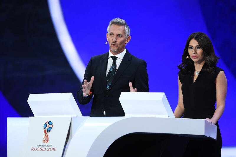 Gary Lineker and presenter Maria Komandnaya speak during the final draw for the 2018 Fifa World Cup at the Kremlin in December 2017.  Photograph: Shaun Botterill/Getty