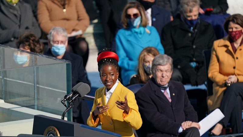 Amanda Gorman during the Joe Biden inauguration in Washington DC on Wednesday.  Photograph: Erin Schaff/The New York Times/Bloomberg