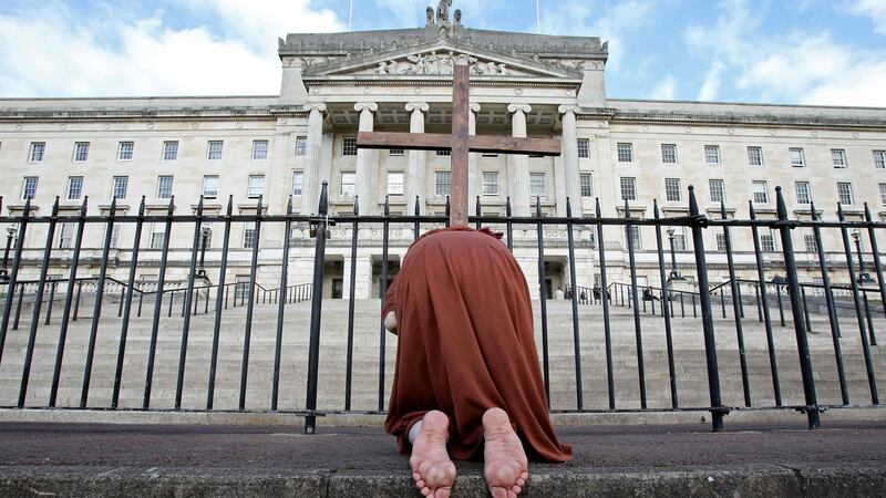 An anti-abortion activist poses for a photograph outside Parliament Buildings. Photograph: Paul Faith/AFP via Getty