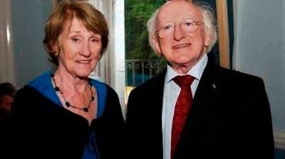 The late Irish Times journalist Mary Maher meeting President Michael D Higgins.