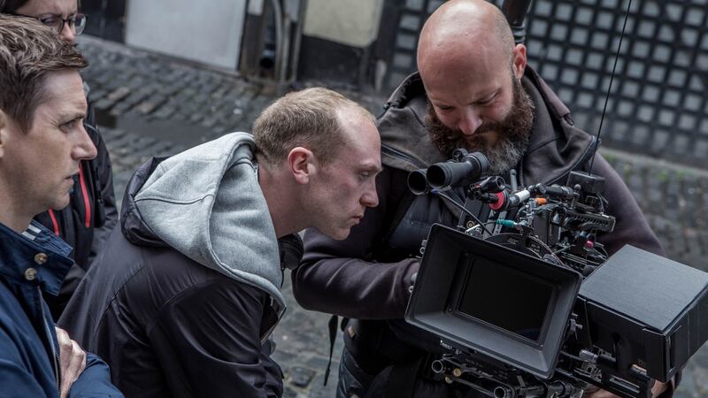 Star and co-writer Emmet Kirwan, director and co-writer Dave Tynan and cinematographer JJ Rolfe on set of Dublin Oldschool