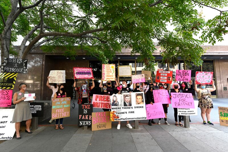 Supporters of Britney Spears attend the #FreeBritney protest  at Stanley Mosk courthouse in Los Angeles on September 16th, 2020. Photograph: Frazer Harrison/Getty