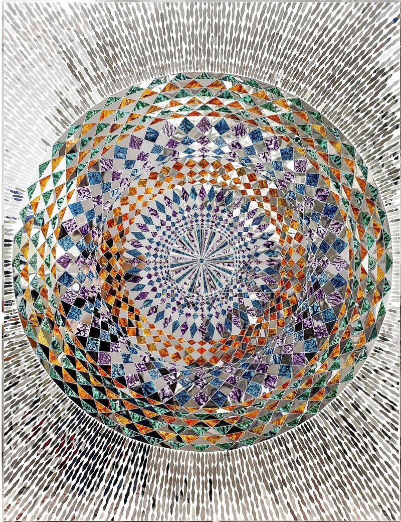 Monir Shahroudy Farmanfarmaian, Sunrise, 2015, Mirror and reverse-glass painting on plaster and wood, 130 x 100cm 110cm diameter. Private Collection, United Arab Emirates. Courtesy of the artist and The Third Line, Dubai.