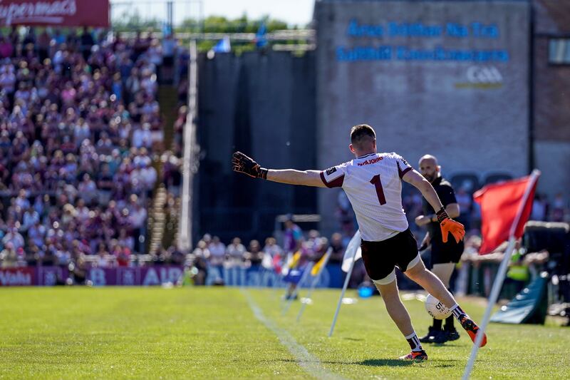 Connor Gleeson of Galway takes a sideline kick at Pearse Stadium. Photograph: James Lawlor/Inpho