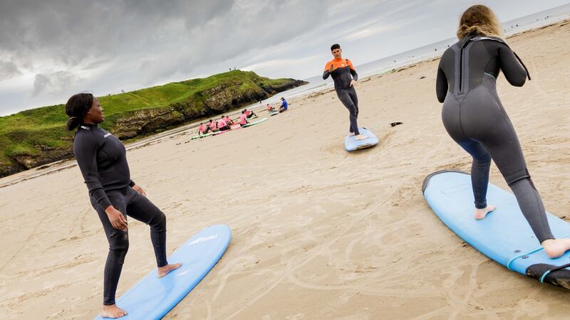 Owen Murphy of Murph’s Surf School giving a surf lesson on Tullan strand. Photograph: James Connolly