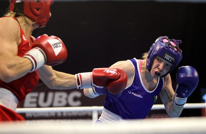 Amy Broadhurst in the final at the Women's European Boxing Championships, Montenegro. Photograph: INPHO/Aleksandar Djorovic