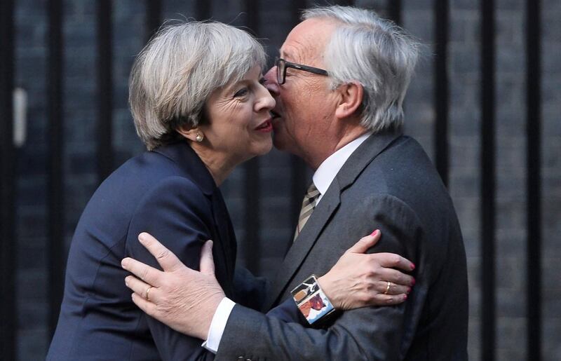 Britain's prime minister Theresa May welcomes president Juncker to Downing Street.