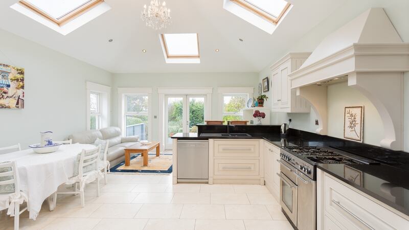 The pitched roof  of the large kitchen/living room to the rear of 22 Ardagh Drive in Blackrock is dotted with rooflights.