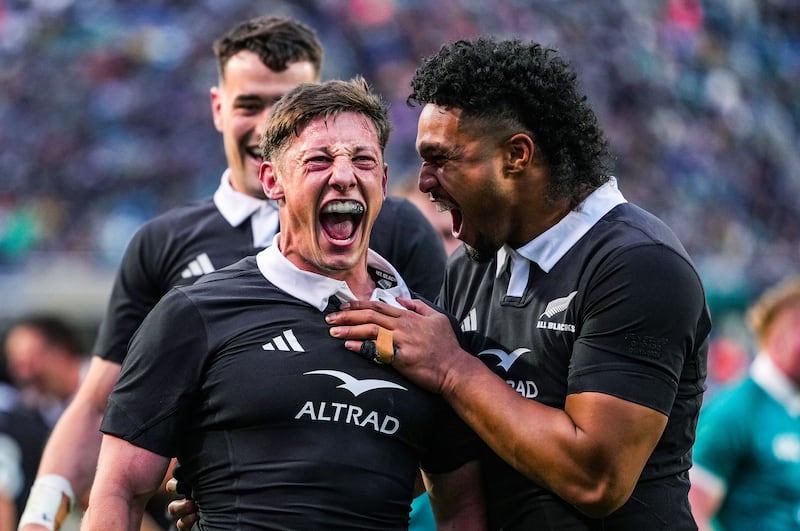 Cam Roigard celebrates scoring New Zealand’s fourth try against Ireland on Saturday. Photograph: Robert Alam/INPHO