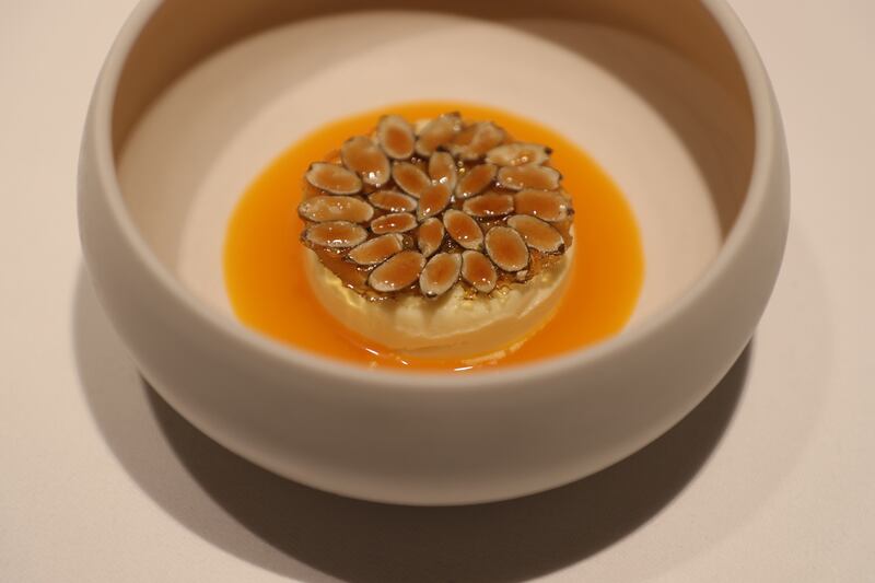 Aimsir: Crown Prince pumpkin juiced for a savoury sauce, sea buckthorn gel and split pumpkin-seed brittle