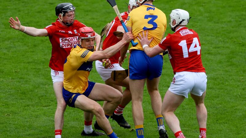 Cork’s Jack O’Connor, Shane Kingston and Patrick Horgan with John Conlon and Conor Cleary of Clare. Photograph: James Crombie/Inpho