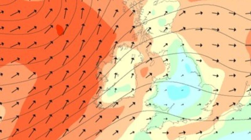 A wind map showing Ireland at 3am on Monday. Darker colours signify more powerful winds. A weather warning is in place for western and northwestern coastal counties until 9am on Monday.