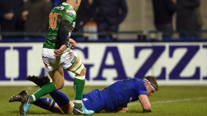 Leinster’s Jordi Murphy scores a try against Treviso. Photograph: Elena Barbini/Inpho