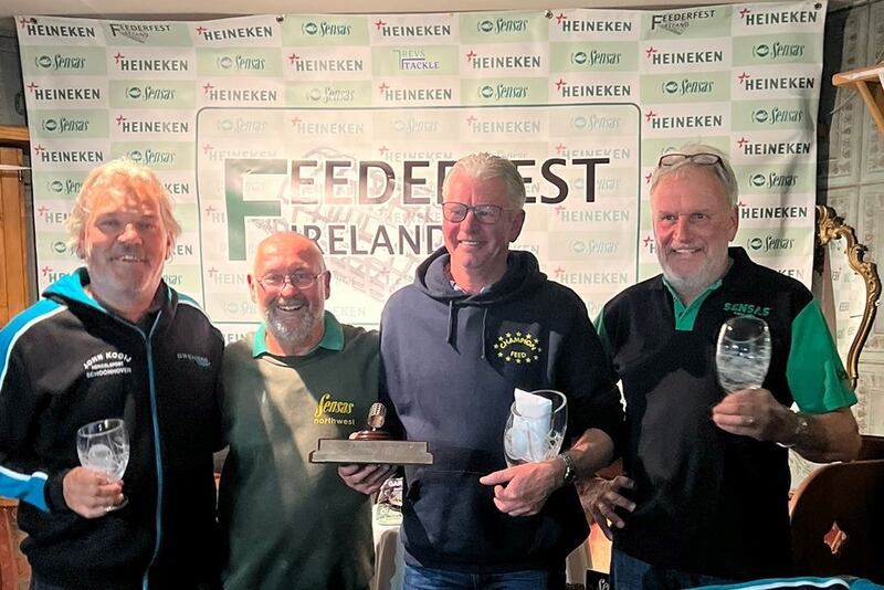 The  winning Dutch team with organiser Trevor Platt at the Feederfest  Ireland competition on Inniscarra Lake in Coachford, Co Cork.