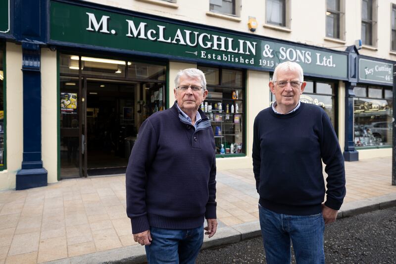 Brothers Seamus and Dessie McLaughlin outside McLaughlin & Sons hardware store on William Street in Derry. Photograph: Joe Dunne