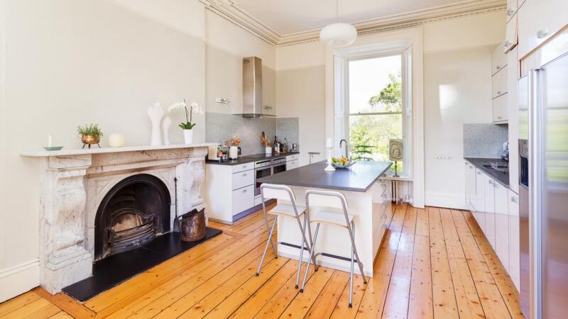 The hall-level interconnecting reception rooms at 54 Kenilworth Square in Rathgar were repurposed for use as the kitchen/dining space.