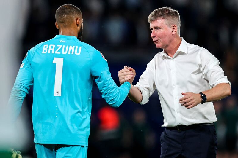 Ireland manager Stephen Kenny with goalkeeper Gavin Bazunu after the Euro 2024 qualifier defeat to France in Paris on Thursday night. Photograph: Ryan Byrne/Inpho
