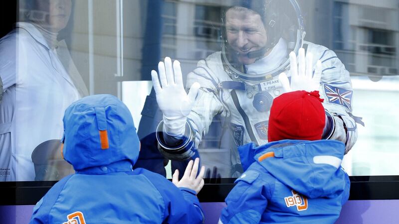 British astronaut Timothy Peake chats with his children before blasting off from the Baikonur  cosmodrome in Kazakhstan on Tuesday. Photograph: Maxim Shipenkov/EPA