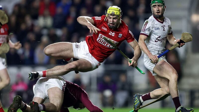 Cork’s Seán Twomey is upended by  Galway goalkeeper Éanna Murphy during the Allianz Hurling League Division  1A game at  Páirc Uí Chaoimh. Photograph: Laszlo Geczo/Inpho