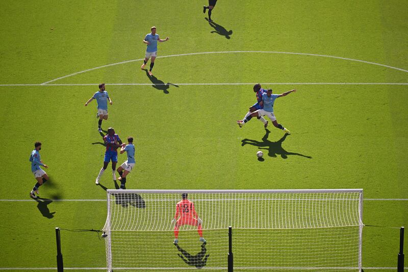Eberechi Eze of Crystal Palace scores his team's goal past Manchester City goalkeeper Stefan Ortega during the  FA Cup final at Wembley Stadium. Photograph: Dan Mullan/Getty Images