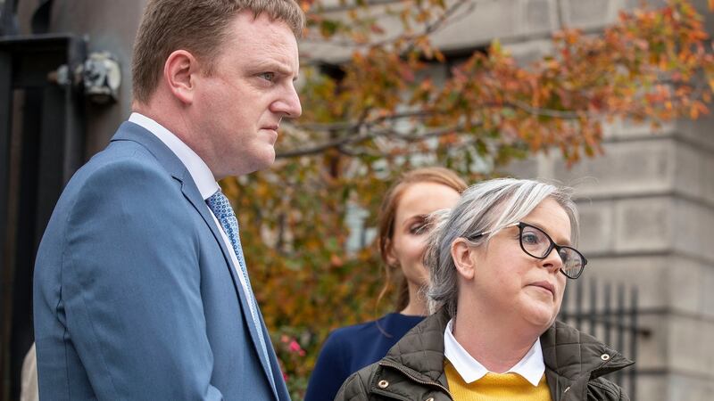Laurane and Patrick Foley, from Midleton, Co Cork, speaking to media outside the Four Courts, Dublin after the case against the HSE over the circumstances of the birth of their son Alex  was settled. Photograph: Collins Courts