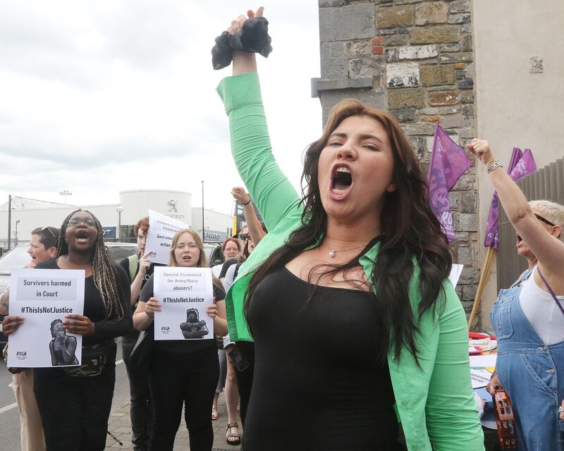 Natasha O'Brien addressed a crowd of about 100 protesters outside Limerick Circuit Criminal Court on Wednesday. Photograph: Brendan Gleeson