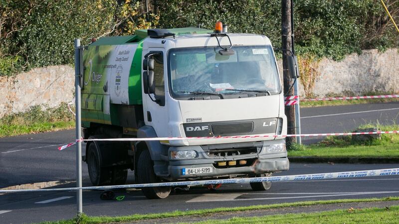 The scene is taped off after a fatal incident involving the above truck and a cyclist in Rathfarnham this afternoon. Photograph: Gareth Chaney/Collins
