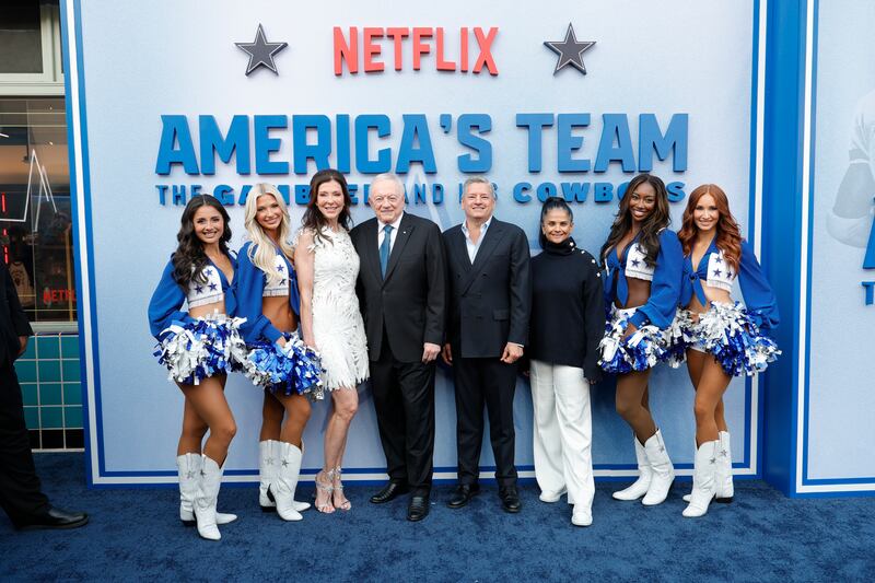 Charlotte Jones (third from left), chief brand officer of the Dallas Cowboys, with Cowboys owner Jerry Jones, general manager Ted Sarandos and Netflix CCO Bela Bajaria at the Premiere of America's Team: The Gambler And His Cowboys. Photograph: Frazer Harrison/Getty Images