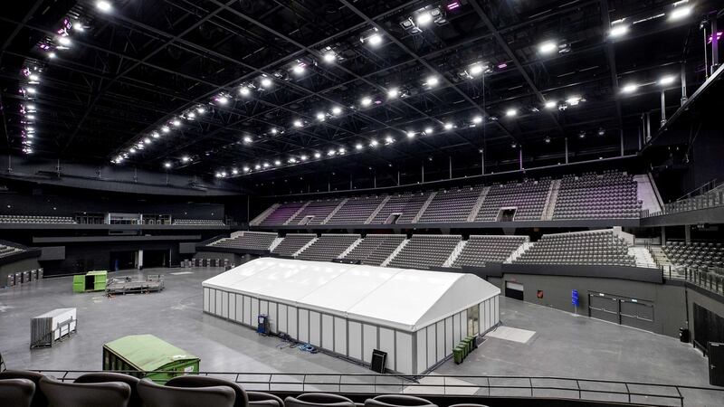 A tent is seen in an empty hall in the Ahoy Arena in Rotterdam  on the day  the final of the Eurovision Song Contest was to take place. The event was canceled due to the coronavirus pandemic. Photograph: EPA