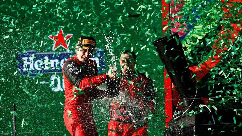 Ferrari’s   Charles Leclerc celebrates his victory on the podium after the 2022 Formula One Australian Grand Prix. Photograph: Con Chronis/AFP via Getty Images