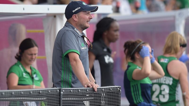 Ireland coach Graham Shaw on the sidelines  during the India game. Photograph:   Joe Toth/Inpho