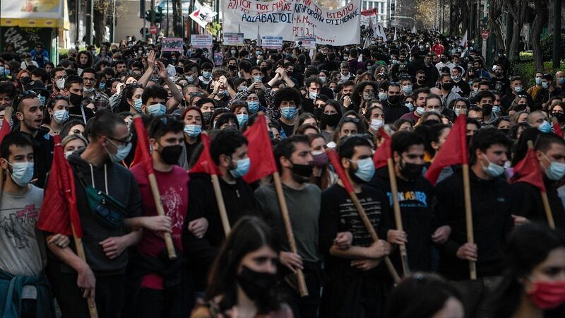 Greek students march against a plan to create a new police for universities on Wednesday. Photograph:  Louisa Gouliamaki/AFP via Getty Images