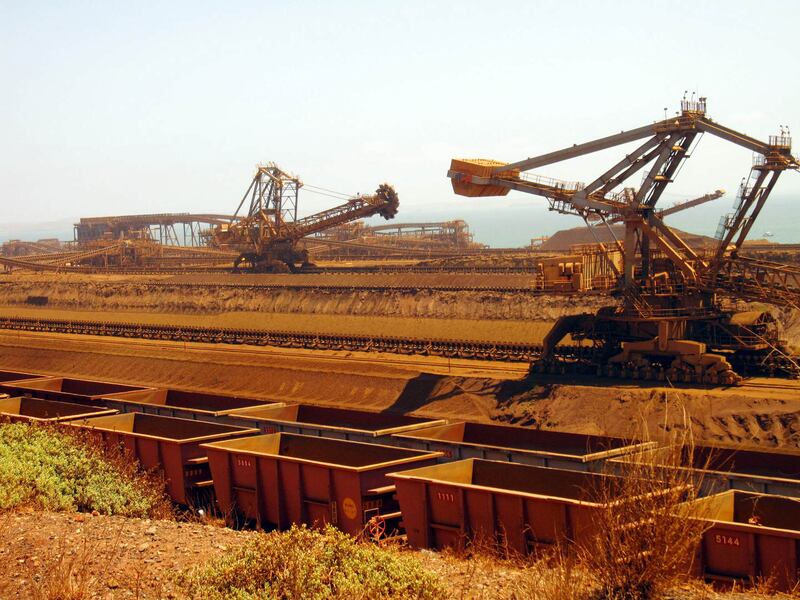 Remote-controlled stackers and reclaimers moving iron ore to rail cars prior to export at a mining operation in western Australia’s Pilbara region Photograph: Amy Coopes/AFP/Getty