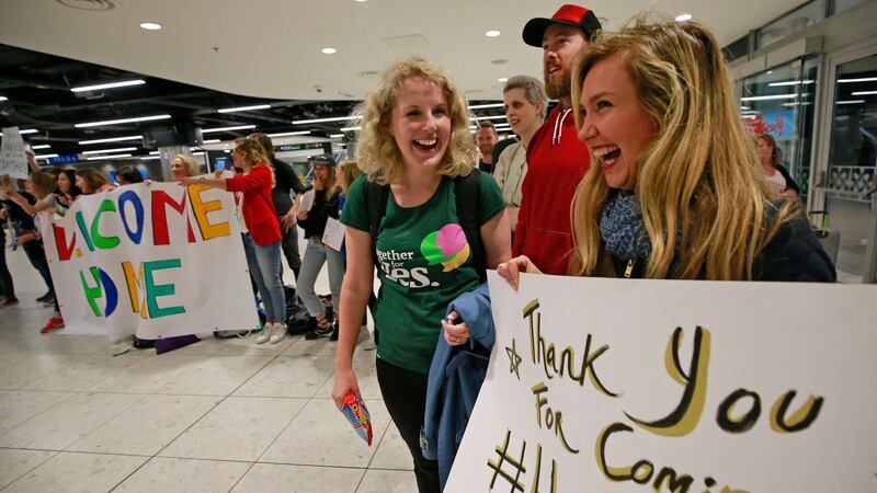 Emigrants were welcomed and cheered as they arrived in Dublin Airport last week to vote in the referendum on the Eighth Amendment. Photograph: Nick Bradshaw/The Irish Times