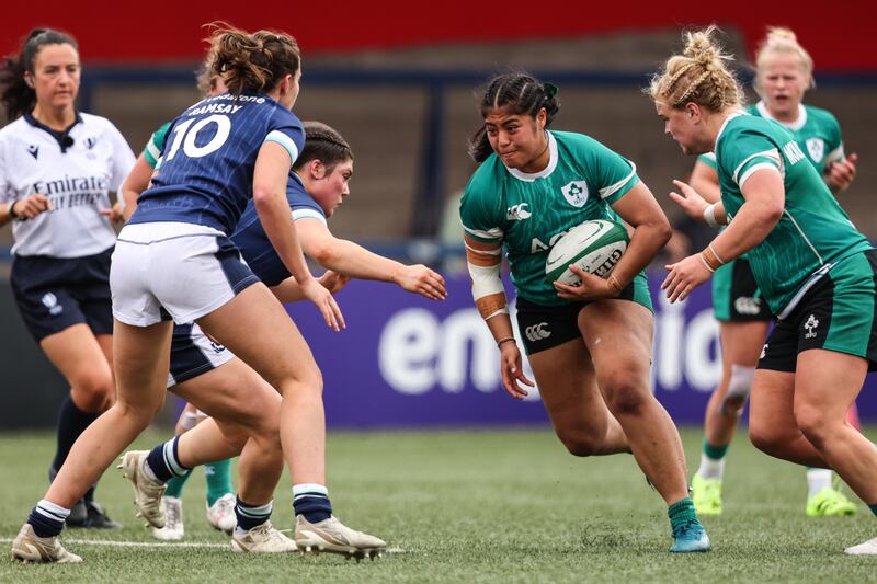 Ireland's Ivana Kiripati and Clíodhna Moloney-MacDonald in action against Scotland. Photograph: Ben Brady/Inpho