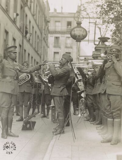 Musical influence: James Reese Europe leads his US military band at a Paris hospital for wounded Americans in 1918. Photograph: US Army Signal Corps/Library of Congress