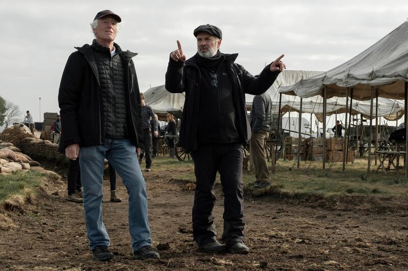 Cinematographer Roger Deakins and director Sam Mendes on the set of 1917. Photograph: François Duhamel/Universal Pictures