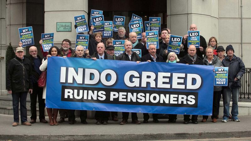 Current and former employees of Independent News and Media protesting over significant cuts to their pension entitlements before an EGM at the O’Callaghan Alexander Hotel, Dublin. Photograph: Gareth Chaney Collins