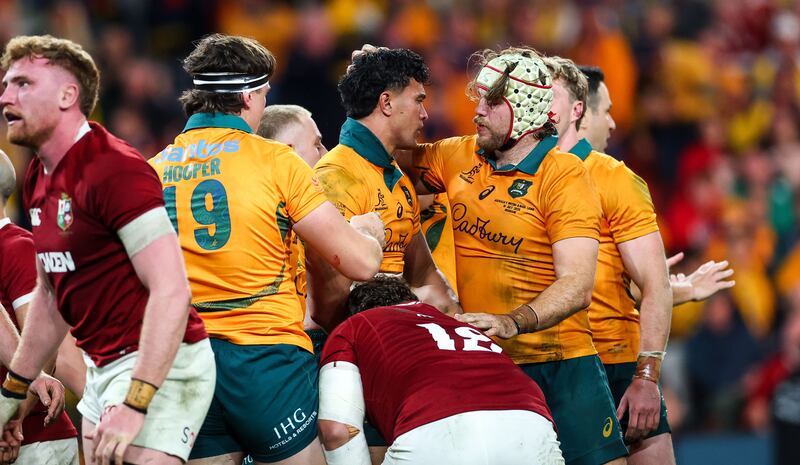 Australia’s Joseph Suaalii celebrates with teammates after scoring a try against the Lions that was subsequently disallowed. Photograph: James Crombie/Inpho