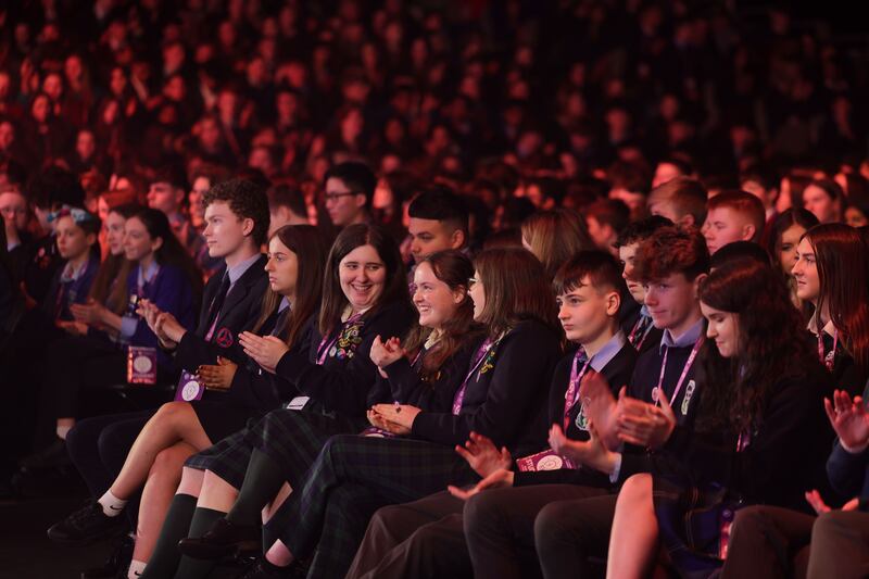 Students listen as President Michael D Higgins speaks at the opening of the 60th Annual BT Young Scientist & Technology Exhibition in Dublin. Photograph: Alan Betson/The Irish Times

